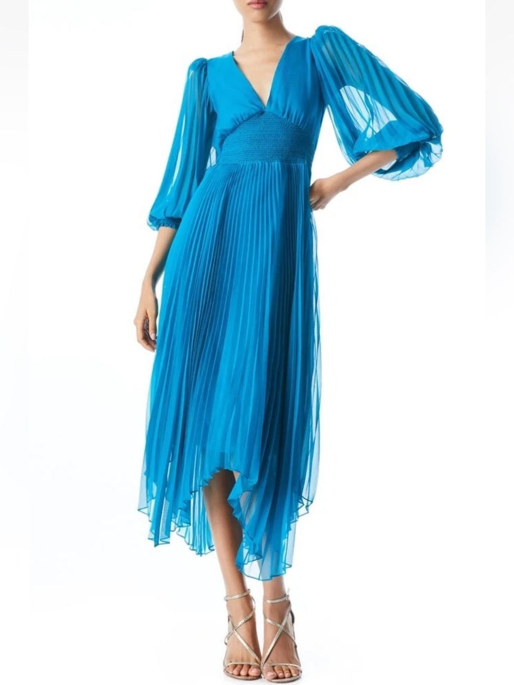 Alice + Olivia  Sion Long Sleeve Sunburst Dress in Turkish Blue Size 6